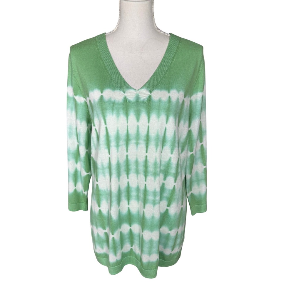 Talbots Women's Green White Tie Dye V-Neck Sweater Petite XL Knit 3/4 Sleeve NWT